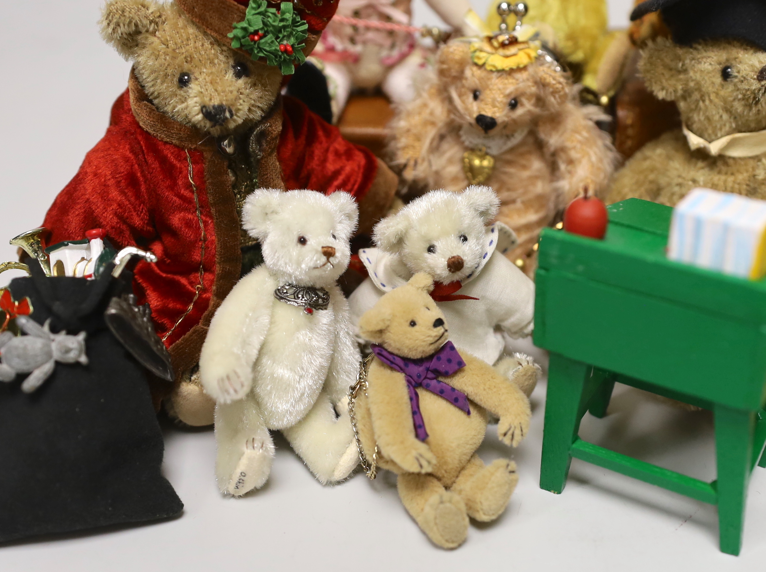 Twelve miniature American artist's bears and one rabbit